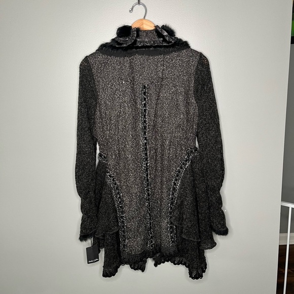 NWT Dolce Cabo Rabbit Fur Trimmed Elegant Floral Embellished Long Cardigan - Picture 3 of 14